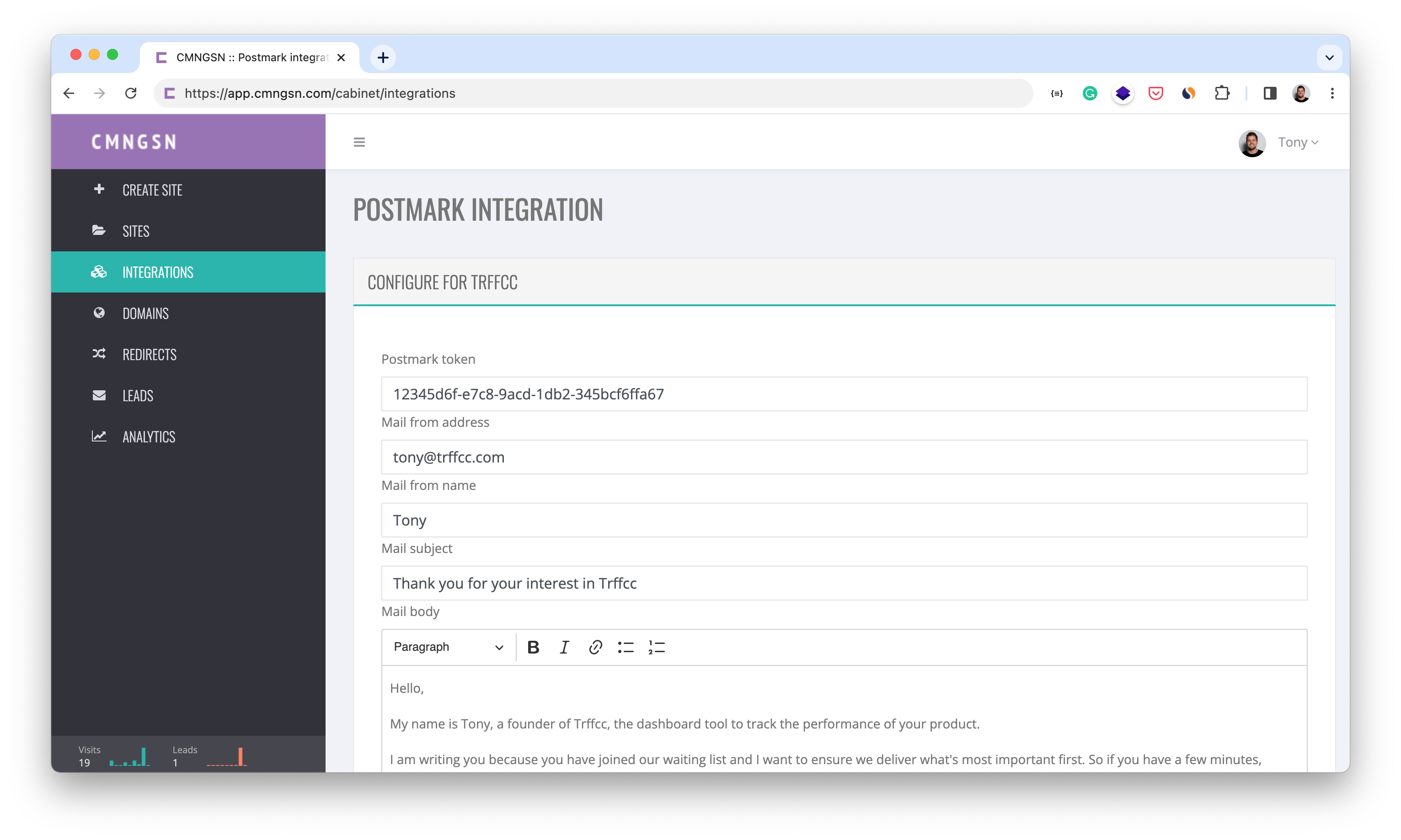 CMNGSN / Postmark integration